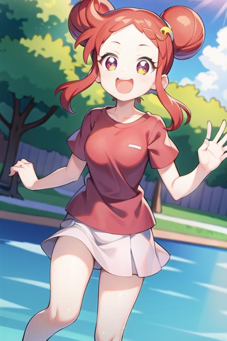 1girl, hrkzdrm_cs, red hair, double bun, musical note hair ornament, shirt, short skirt <lora:harukaze-doremi-casual:0.8>