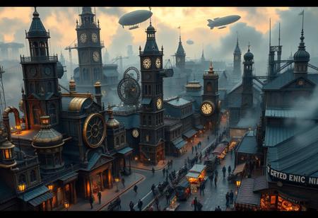 steampunk cityscape, towering Victorian architecture, intricate brass gears and cogs, steam-powered machines, large mechanical structures, copper pipes running along buildings, foggy streets, Victorian-style clothing, horse-drawn carriages mixed with mechanical transports, giant steam engines, glowing lanterns lighting the streets, smoky atmosphere, detailed clock towers, steam rising from vents, brass and bronze tones, intricate mechanical textures, retro-futuristic airships floating above, high contrast lighting, photorealism, industrial revolution vibes, detailed cobblestone roads, ornate ironwork on buildings, massive steam-powered robots, clockwork devices, high resolution, ((masterpiece)), airships casting shadows over the streets, bustling market stalls, brass-colored sky, fog-covered horizon, vibrant marketplace with mechanical vendors