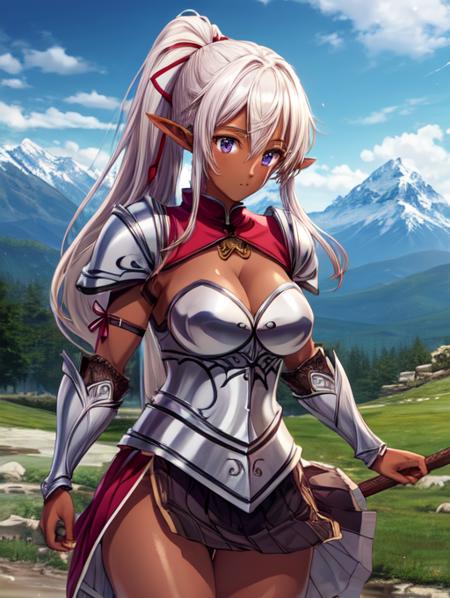 best quality, masterpiece, highres, detailed, perfect anatomy,  <lora:Detail - add_detail:0.2>, AishaU, armor, mountain, breastplate, skirt , <lora:AishaU-10:0.8>, dark skin, elf, ponytail, ribbon,