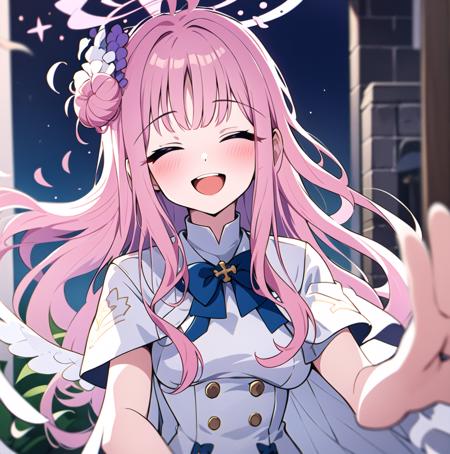 1girl, mika (blue archive), pink hair, >_<, solo, single side bun, closed eyes, long hair, hair ornament, hair bun, open mouth, smile, hair flower, halo, blush, xd, flower, :d, bangs, scrunchie, portrait