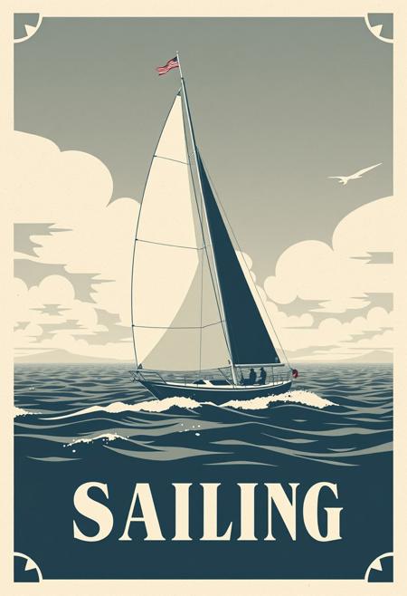 graphical art, sailboat, poster design, text "Sailing", vintage retro style, art deco, travel poster, sailing, monochrome
