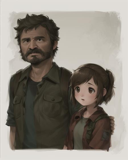 TheLastOfUs <lora:TheLastOfUs-000001:0.7> illustration cartoon of  a joel 1man and a 1girl ellie