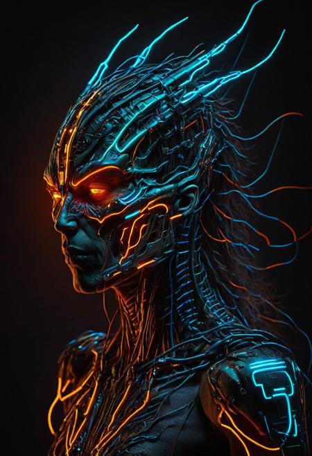 D_Ewir3s , Dark electric neon wires,
dark cyberpunk art, cybernetic-dragon