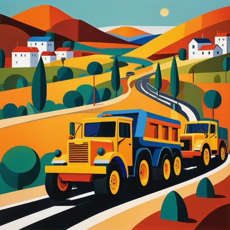 vector art, style of Tarsila do Amaral road construction, flat color