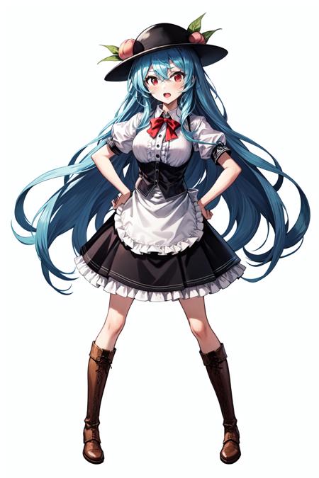 1girl, hinanawi tenshi, solo, long hair, short sleeves, red eyes, blue hair, skirt, boots, white background, full body, simple background, bow, puffy sleeves, blue skirt, shirt, hat, puffy short sleeves, black headwear, food, open mouth, frills, bowtie, white shirt, red bow, peach, fruit, looking at viewer, center frills, red bowtie, hands on hips, brown footwear, standing, leaf, bangs, buttons, blush, rainbow order, knee boots, hair between eyes, apron, frilled skirt, very long hair, breasts, petticoat, medium breasts, collared shirt, ribbon, wing collar, blouse, black footwear, sidelocks, :o, cross-laced footwear, red ribbon, dress shirt, neck ribbon