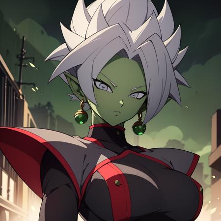 Best_QualityPos, RAW photo, intricate details, best quality, 8k uhd, soft lighting, 1girl, solo, large breasts, colored skin, green skin, spiked hair, white hair, grey eyes, earrings, dougi <lora:Fusion_Zamasu:0.6>