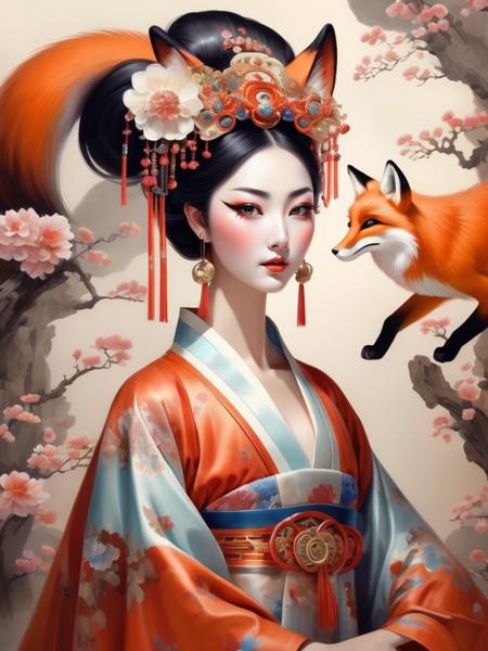 A coquetty woman, with large eyes and a gorgeous Hanfu, fits the description of the fox goddess Daji in the ancient Chinese myth "The List of Deities." Behind is an abstract nine-tailed fox (in the style of Peking Opera facial makeup), a full-body shot that blends tradition and modernity<lora:neg4all_bdsqlsz_xl_V6:1> <lora:Movecolor_Foxgirl_V1.0:0.4>