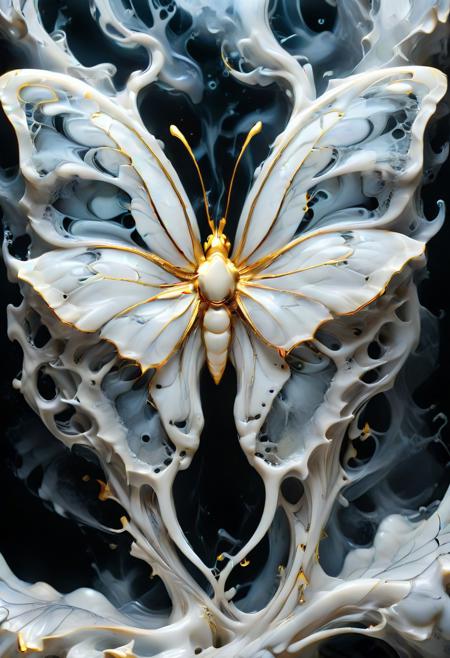 hyper-detailed, biomechanical butterfly with wings that appear almost porcelain-like, transitioning from a pure, ghostly white at the center to inky black at the tips, adorned with fine, golden veins that glow faintly. The insect’s thorax and lower body morph into an intricate mass of elongated, sinewy tendrils resembling neural pathways or delicate roots, cascading downward into an abyss of darkness. The background consists of an ethereal, almost liquid expanse of swirling white and gray textures, resembling flowing marble or organic tissue, infused with an enigmatic, glowing energy. The butterfly exudes an eerie yet mesmerizing presence, as if it is a celestial being suspended between worlds, both fragile and powerful in its surreal elegance.