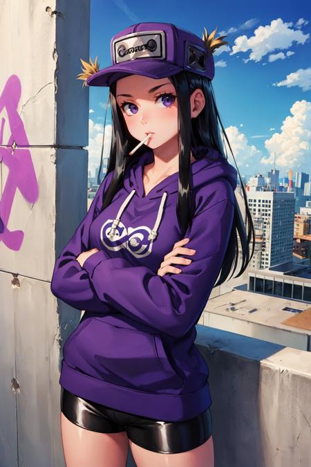 masterpiece, best quality,  <lora:cassettegirl-nvwls-v1-000009:0.9> cassettegirl, hat, purple hoodie, short shorts, cityscape, sky, clouds, graffiti, upper body, looking at viewer, crossed arms, cigarette in mouth, from above