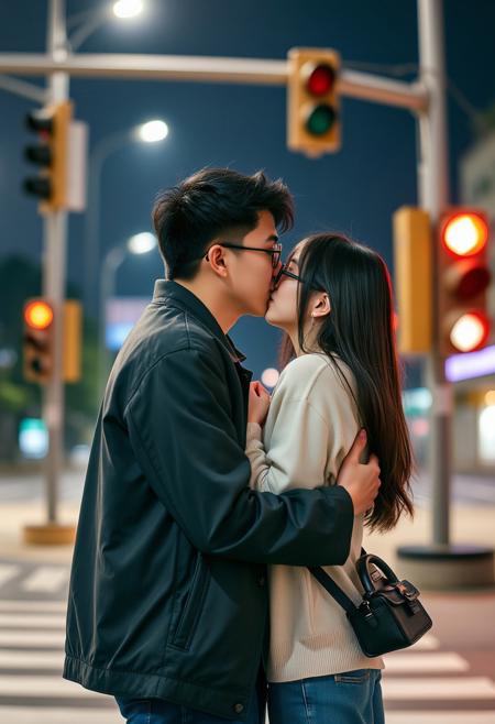 A Taiwanese college student couple couldn't help but hug and kiss each other with their eyes closed while waiting for the traffic light at an intersection at night. The man is 180 cm tall with short black curly hair, and the woman is 150 cm tall with long straight black hair and wears black round-frame glasses.
FHD, Rich in details, masterpiece.