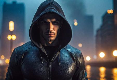 Best texture, high quality, ultra HD, 8K, ultra-detailed face, perfect eyes, realistic, very detailed, high detail, full body of a futuristic assassin with his face visible and wearing hoodie with perfect fingers standing in a distant, dark foggy night city, depth of field, cinematic scene, dramatic lighting