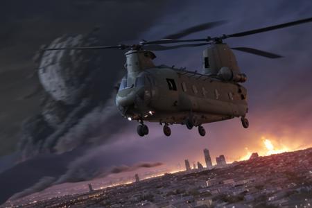 analog gloomy aerial photo of a black (Chinook helicopter, <lora:ch1n00k:0.8>), ((nighttime)), (flying low through a (city on fire) at night), city ruins, (urban combat), ((explosions in the background)), High Detail, Sharp focus, (photorealism), realistic, best quality, 8k, award winning, dramatic lighting, epic, cinematic, masterpiece, rim light, (action movie), ambient fog:1.5, war,  depth of field, dutch angle, motion blur,