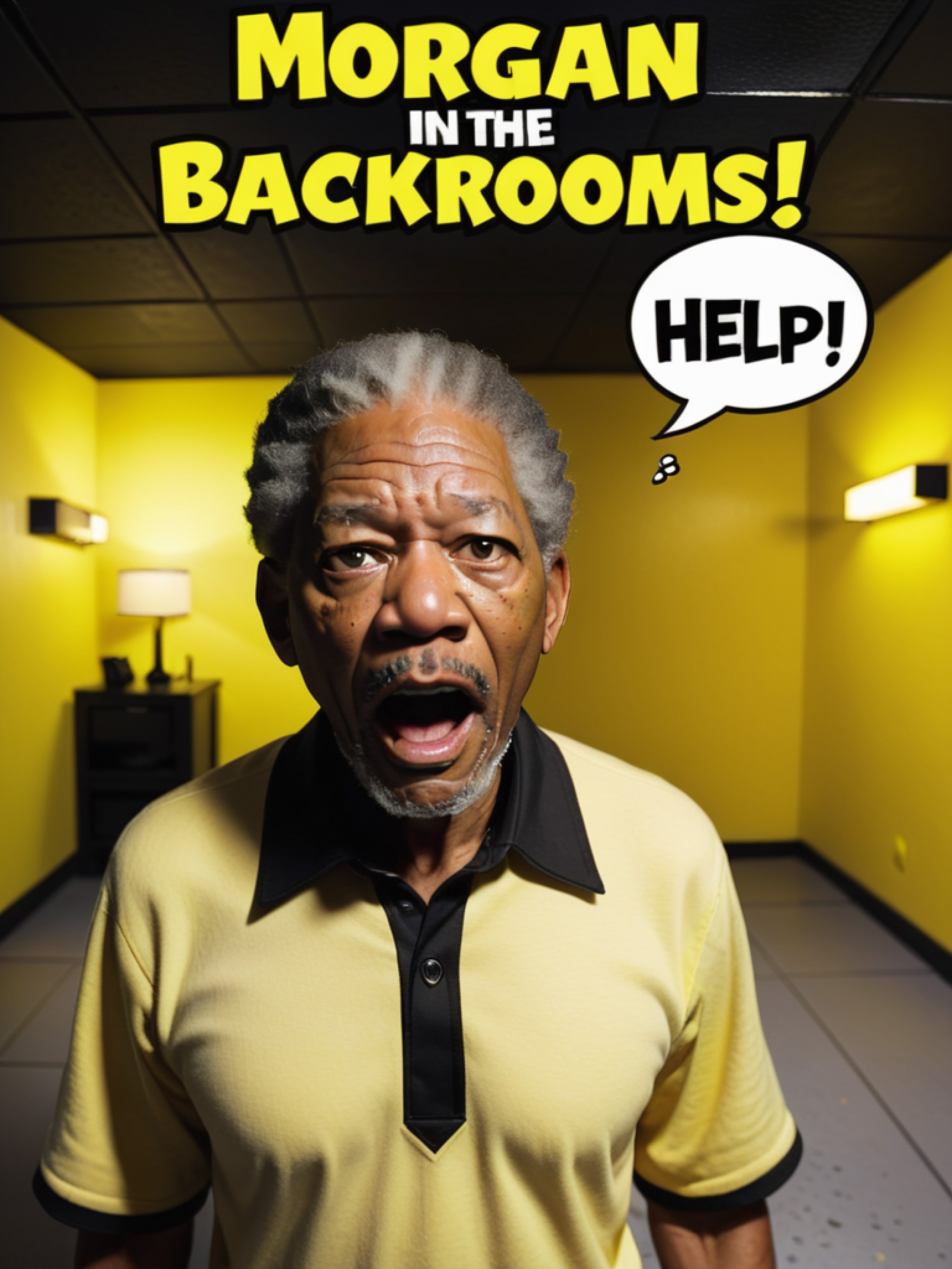 minecraft, bold yellow text says Morgan in the Backrooms!, morgan freeman, shouting, scared, panic, speech bubble says hel...