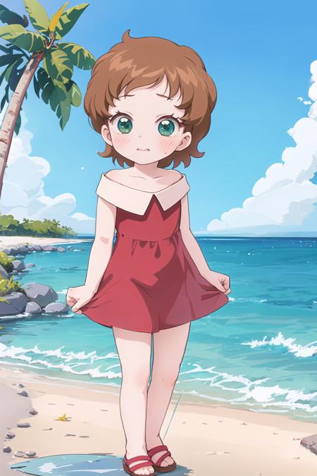 1girl, sndsuzuka, childshort hair, brown hair, green eyes, collarbone, red dress, embarrassed, blush, looking at viewer, standing, beach  <lora:sounanda-suzuka-000004:0.9>