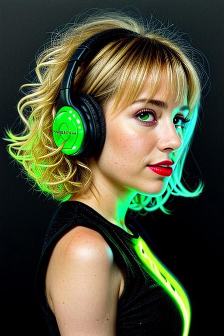 masterpiece, best quality, oil painting \(medium\), real, solo, 1girl, blonde hair, headphones, hair curls, black background, sound waves, green neon, white dress, musical note, red lipstick, medium hair, ringlets, green theme, hand on headphones, frills, puffy sleeves, short sleeves, red neon background, face close up, side view,