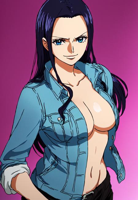 1girl, wanostyle, (nico_robin:0.8), blue_eyes,, ((masterpiece)), ((best quality)), extremely detailed, bloom,  illustration, depth of field, sweet expression, smiling, happy, wearing a blue jacket, pink pareo, dark intense shadows, sharp focus, soft lighting, hdr, colorful, good composition, solo, anime style, large chest