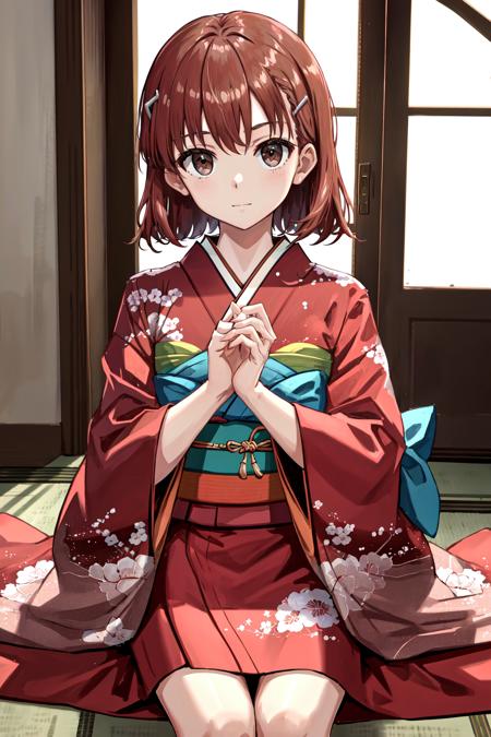 masterpiece, best quality, highres, 1girl hairclip <lora:misaka_mikoto_no_outfit:1> sitting, kimono