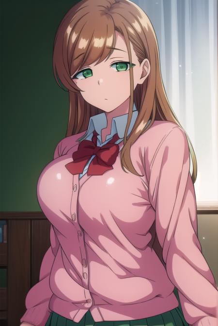 minakosanada, <lyco:minakosanada-lyco-nochekaiser:1>, 
minako sanada, long hair, brown hair, (green eyes:1.5),
BREAK long sleeves, bow, school uniform, bowtie, red bow, cardigan, pink cardigan,
BREAK looking at viewer,
BREAK indoors, classroom,
BREAK <lora:GoodHands-vanilla:1>, (masterpiece:1.2), best quality, high resolution, unity 8k wallpaper, (illustration:0.8), (beautiful detailed eyes:1.6), extremely detailed face, perfect lighting, extremely detailed CG, (perfect hands, perfect anatomy),