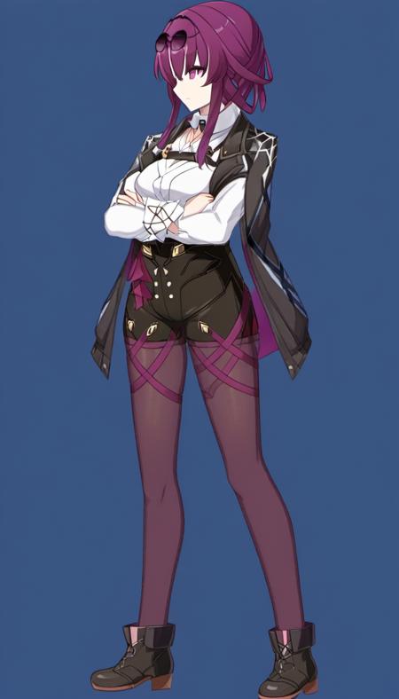 1girl, solo, shirt, pantyhose, eyewear on head, purple hair, jacket, sunglasses, purple eyes, white shirt,jacket on shoulders, breasts, black shorts, collared shirt, black jacket, necktie, bangs, boots, serious, (crossed arms:1.3)
fgo sprite, full body, standing
<lora:fgo_sprites_xl_lora-step00007000:1> <lora:kafuka2:1>