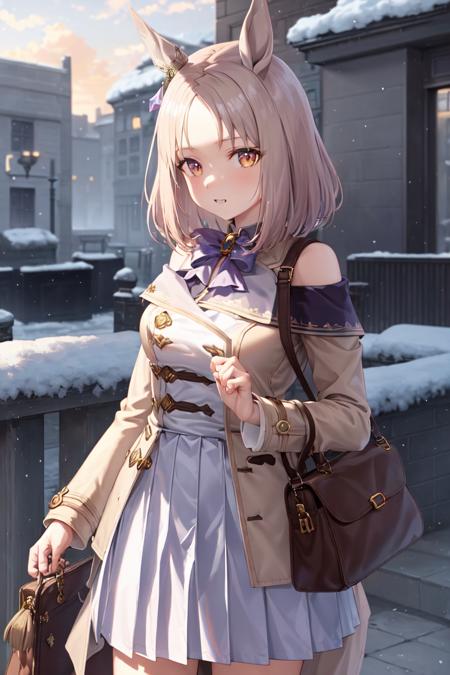 masterpiece, best quality, 
narita top road \(umamusume\),
winter, snow, outdoors, 
ear cover, star hair ornament, trench coat, brown coat, shoulder bag, white bowtie, horseshoe ornament, purple skirt, pleated skirt, 
<lora:narita_top_road_loha:0.7>