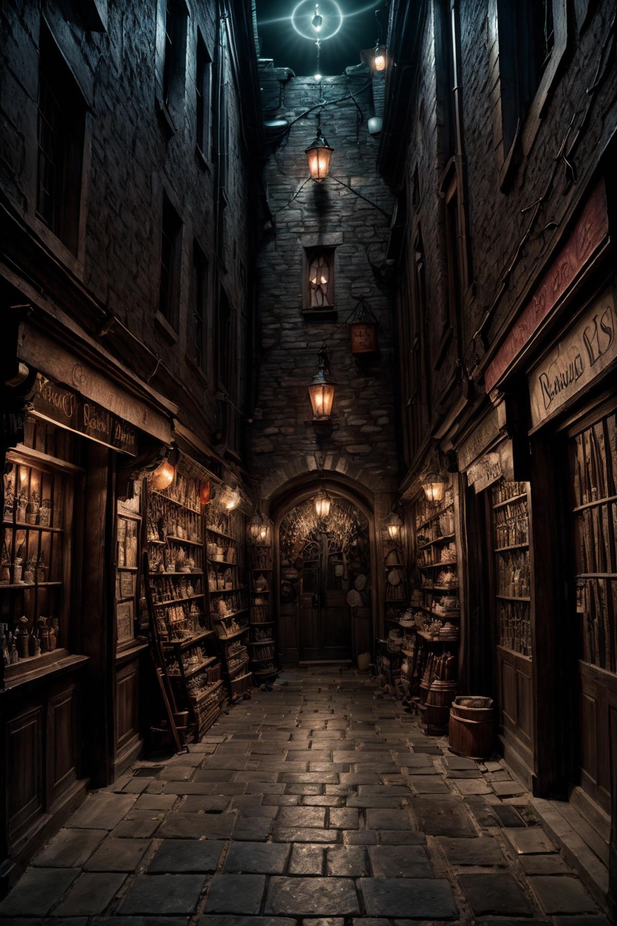 The narrow alleyway filled with bookshelves and lit lights.