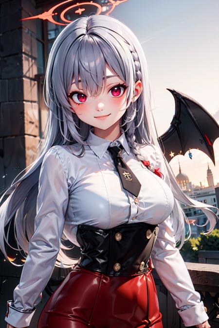 zzHaruna, red eyes, grey hair, long hair, wings, halo, braid, black wings black headwear, black necktie, black skirt, collared shirt, black pantyhose, jacket on shoulders, 