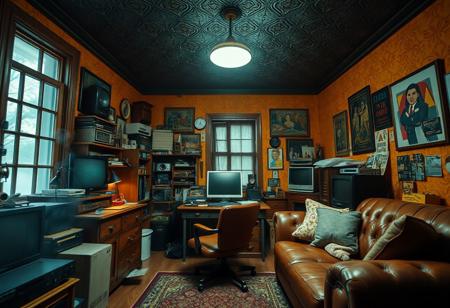(ANTIQUE, NOSTALGIC, VINTAGE, RETRO THEMED DECOR), (Captured with a Hasselblad medium-format camera with a 80mm Zeiss lens at f/1.8), Sharp Focus. (Dynamic Random Angled Shot), Layered Foreground, (Fluorescent Lighting) with (Stark Contrasting Shadows), (cluttered detailed home office), [Smokey Windows], Retro Desk, (weathered leather desk chair, retro sofa), hoarded vintage technology all over, (richly painted bright textured walls, dark embossed ceiling), (Creative Light Source), [[Extremely Subtle Glowing Light]].