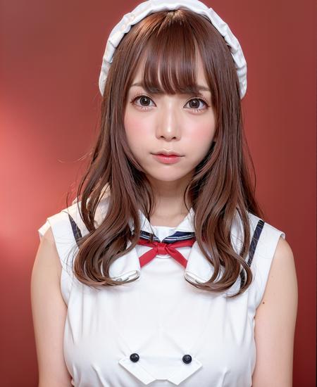 best quality, photorealistic, 8k, high res, 1girl, woman, (skindentation), (professional indoor lighting), (portrait:0.6), (white sleeveless buttoned sailor uniform with red flap collar:2),  (((white plain background:2))), gorgeous, black long straight hair:2, (floating hair:1.3), ((1girl eyes looking at viewer:1.9)), ((looking at viewer:1.6)), (looking at the camera), photorealistic, (bokeh), (portait:0.6), (dynamic pose:1.2), masterpiece, intricate, realistic, sharp focus, award-winning photograph, sfw, smile:1.6, <lora:CO-B2-EP3-sakimi:0.78>