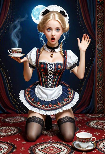 ghostly midnight serenade, faceplant, biscuits and teacups thrown in the air,  moonlight edgelighting,surreal digital art pulsating works of art that capture the essence of Zarabi's design, silk motherhood trace pattern, sexy, android fembot in porcelain doll armour, 19 years old, ukrainian maid hostess tripping forward spilling tea, detailed patterns, intricate weavings, rich colors, in moment action shot, funny comedic, adrr-zrb, perfect face with surprised expression, beautiful, glossy red lips, petite, demure demeanor, aesthetic, beautiful, big eyes, blue iris, long blonde hair updo, oily shiny skin, black lace choker, romantic lighting., vector svg style, cute anime cheerful pose, inviting expression, motion lines, tripping forward, dropping, motion lines