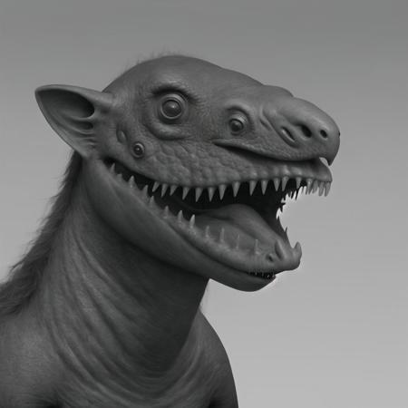 <lora:bonekrishna:1>, bonekrishna,  weird, creepy, strange, creature, 
 bonekrishna, a close up of a fake animal with teeth and teeth on it's face and mouth open and a mouth with teeth, greyscale, monochrome, grey background, realistic, solo, teeth, looking at viewer, no humans, gradient background