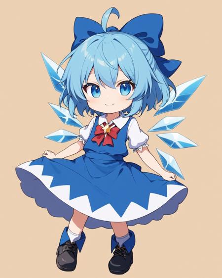 cirno,1girl, solo, ice_wings, boots, blue_dress, hair_bow, blue_bow, white_footwear, full_body, cross-laced_footwear, short_sleeves, twitter_username, pouch, v-shaped_eyebrows, ahoge, closed_mouth, adapted_costume, white_shirt, smile, ascot
<lora:cirno_image8906_2023-12-11-000005:1>,star-shaped_pupils,symbol-shaped_pupils,. gorgeous,key visual, vibrant, studio anime,award-winning, professional, highly detailed,high budget, cinemascope