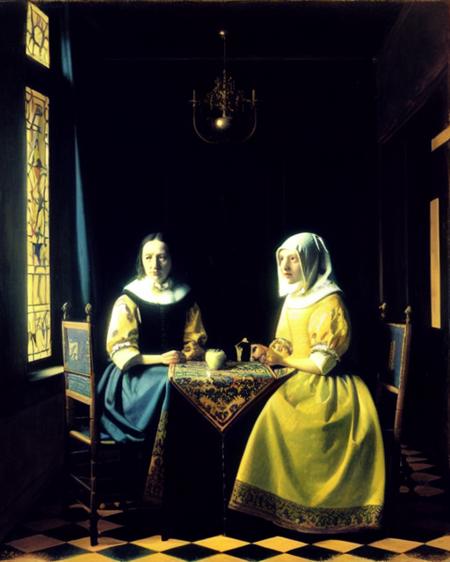 vermeer fine art parody indoors window desk dark theme faux traditional media oil painting \(medium\)