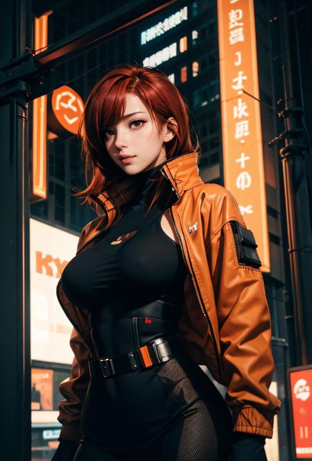 1girl, (from below, portrait), the most beautiful girl of the world, perfect chin, slim waist, (sfw, big breasts), (thight clothes), red hair, orange eyes, closed mouth, looking at viewer, cyberpunk jacket, action, really happy, excited, surprised, 40mm lens, depth of field, bokeh, 8k quality, RAW PHOTO, by professional photographer, rule of thirds, extremely detailed