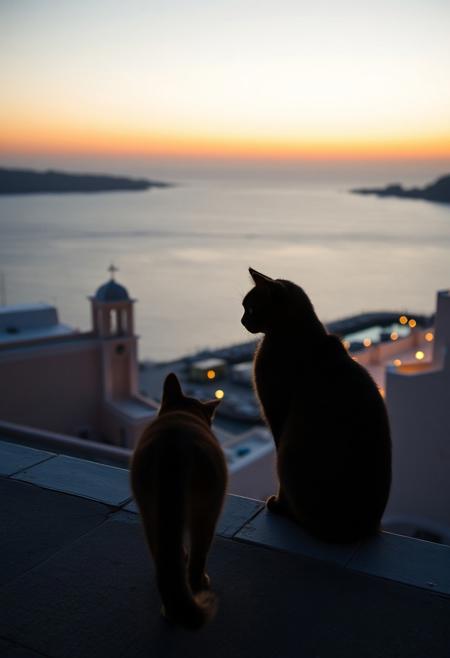 (Soft Lighting Photography by Mimoza Veliu and Mario Giacomelli:1.2), NSFW, Cinematic photography. A photo-realistic shoot of a cat on a street in a seaside town, overlooking a harbour and the ocean, sunset, silhouetted, chiascuro, Santorini