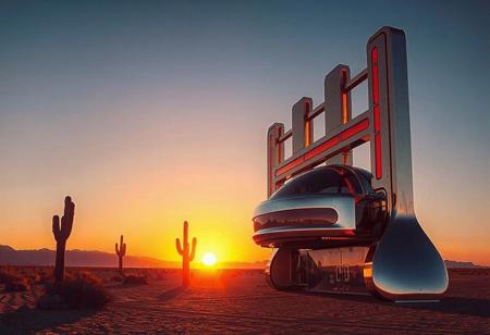avant-garde, retro futurism , gold and chrome, california desert,sunrise, 1970s, robert T, techno style
