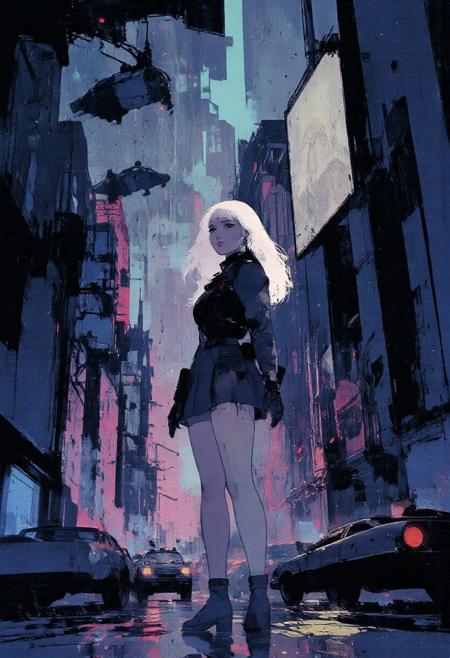 Masterpiece, best quality, good quality, beautiful image, beautiful fluorescent colors. A girl seen from the ground, standing further away and looking up. She is viewed in a three-quarter angle with a nice pose. Long white-haired girl, solo, skirt, thigh strap with a revolver. It is nighttime, in a futuristic city with flying taxis and heavy air traffic. The city is very tall, with many pink and blurry neon lights. On a large billboard, "Need BUZZ" is clearly readable!