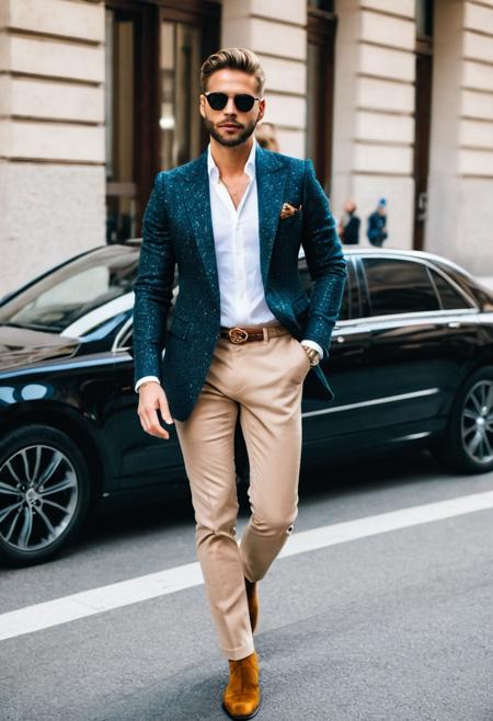 street style photo, full body, beautiful man, 30 years old,  Classic Fashion, luxurious outfit