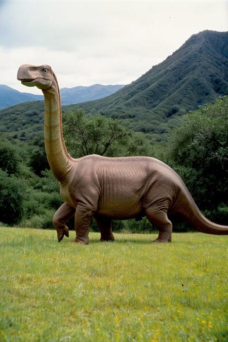 filmed by russ Meyer in (1967), Best quality, professional photo, production stills, from the film, Jurassic Park, claymation brontosaurus, in a large open field, detailed face, flattering light, RAW photo, 8k uhd, dslr, high quality, depth of field, (film) camera, extremely detailed,
