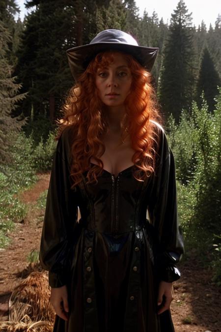 gangster costume ,  mushroom forest , evening  <lora:Susan_Sarandon:1> masterpiece, best quality, detailed face, solo, a woman, mature s1873s, red hair, long_hair, looking_at_viewer