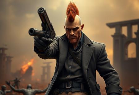 Generate a 4K resolution, trending on ArtStation, masterpiece featuring a close-up of a Raygun gothic mecha on a Blackwing - Boobytrap background. Incorporate a dark brown duster, rugged blazer, and a sarcastic pose with a pistol. Ensure the character has a mohawk and khakis, with finely detailed textures and dynamic volumetric lighting, subsurface scattering and unreal engine capabilities are used.
 The character should be in a mid-shot pose with an epic battle background. Incorporate a portcullis with mottling coloring. Ensure the background is an authentic Blackwing - Boobytrap groundscape with raw sienna editor’s pickup color. The final piece should be a masterpiece trending on ArtStation with a detailed, realistic aesthetic.