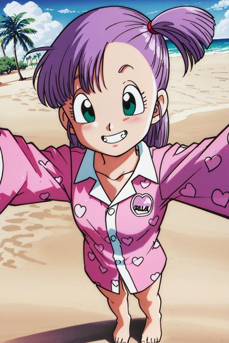 <lora:bulmaptp:0.6>, bulma, 1girl, solo, smile, smile, green eyes, purple hair, teeth, heart, outdoors, sky, cloud, tree, one side up, from above, pajamas, palm tree, heart print, pink pajamas, clothes writing, sand, bottomless, barefoot, selfie,