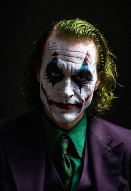 Close-up, (THE JOKER   ), grim smile, relaxed pose, portrait movie shot, serious, menacing, chiaroscuro style photo, dark background, minimalism, dramatic lighting, professional quality, dull highlights and shadows, natural and  original,