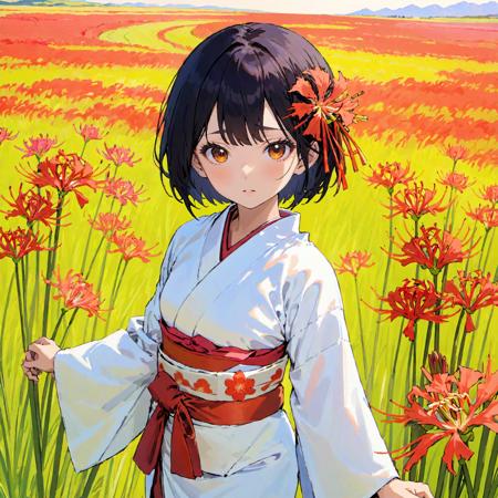 8k, UHD, beautiful face, beautiful fair skin, beautiful background, grasslands, Higanbana are blooming all over, flower, bloom, BREAK
japanese girl, solo, standing, white kimono and obi sash, cowboy shot, black hair, black eyes, <lora:higanbanaXL:1>