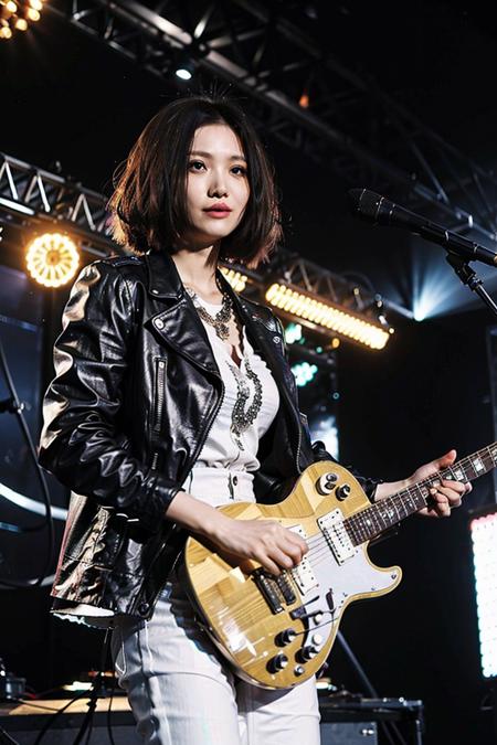 best quality, ultra high res, (photorealistic:1.4), masterpiece, Concert background,1girl,detailed eyes,hair decoration,trendy expression,jacket,top,pants,(style:1.5),standing,On stage,Play the guitar,sing(looking at viewer), <lora:yaobeina:0.8>