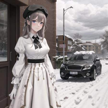 2girls, arms at sides, bangs, beret, black headwear, black neckwear, black ribbon, black skirt, blue eyes, blurry, brown hair, building, buttons, car, closed mouth, clouds, cloudy sky, cowboy shot, day, depth of field, dress, dress shirt, eve \(chihuri\), expressionless, eyebrows visible through hair, fake screenshot, gloves, grey eyes, grey hair, ground vehicle, hair between eyes, hair ribbon, hairband, hat, heterochromia, highres, juliet sleeves, lamppost, letterboxed, long hair, long sleeves, looking at viewer, motor vehicle, multiple girls, neck ribbon, outdoors, overcast, puffy sleeves, red pupils, renata alekseevna tsvetaeva, ribbon, shirt, skirt, sky, sleeves past wrists, smile, snow, snowing, standing, user interface, very long hair, visual novel, white dress, white gloves, white hairband, white shirt, window, wing collar