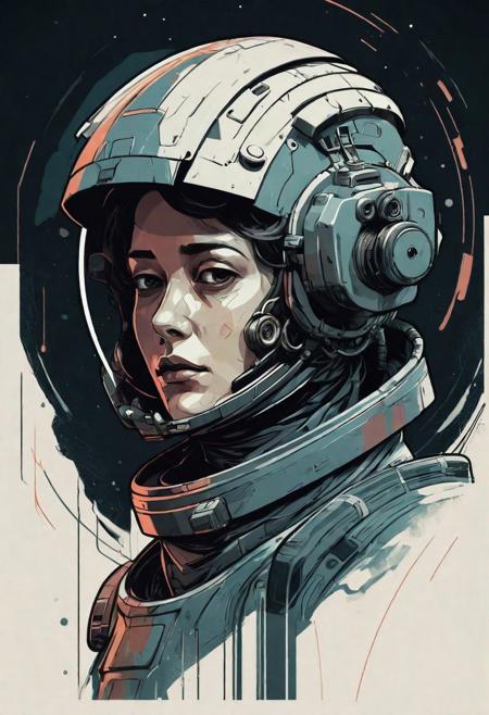 portrait, character,  sci fi gear, abstract, graphic style of drawing comics, dark space colour palette, vector illustration, muted colors, delicate details, high detailed, moody, Vrubel::0.9, Kuindzhi style::0.6