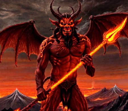 Arcpastel of a fiery demonic demon with fiery demonic wings and a staff sickle sythe and a demon like head and arms, holding a staff sickle and a staff sickle, beneath a soot stained sky, volcanoes in the background, fantasy art, dark fantasy art, charcoal, epic fantasy character art, devastation, smoke, volcanism