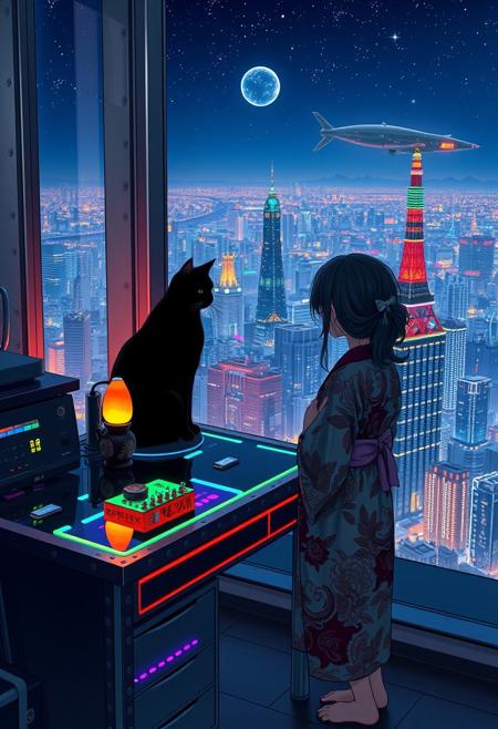 Jiji, the cat from Kiki's Delivery Service sits on a cluttered metal riveted desk with transparent top and rgb led computer components visible inside, On the desk are a maneki neko statue and a lava lamp, Jiji the Black Cat is looking out of a seamless and futuristic floor to ceiling window that looks out at a very high view from an apartment on the 400th floor of a futuristic Tokyo skyscraper, the year is 2250, The city has thousands of enormous wide and tall futuristic skyscrapers and space ships covered with lights in the sky, (((Kiki from Kiki's Delivery Service, 24 years old, is standing next to the cat looking out at the enormous city at night, filled with buildings of many shapes and sizes, some over a mile tall))), Kiki is dressed in an ornate Japanese style bath robe. An enormous deco starship with futuristic lighting and design is visible high above the city, and a space station is visible in the background among the stars, The woman's hair is messy from just waking up and tied up with a ribbon. Artistic cyberpunk, dynamic perspective, The focus is on Jiji and Kiki standing together looking out the window at the view together, (((overall architectural aesthetic is Art Deco Cyberpunk))).  Mt Fuji can be seen in the far distance,