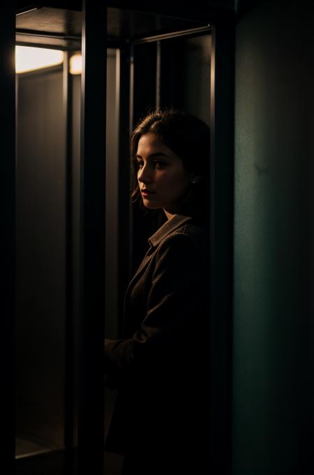 Low Quality film, masterpiece, accidentally photo found footage, random photography, night at a phone booth, woman, slate atmosphere, cinematic, dimmed colors, dark shot, muted colors <lora:add_detail:0.8>  <lora:picxer_bside:1.5>