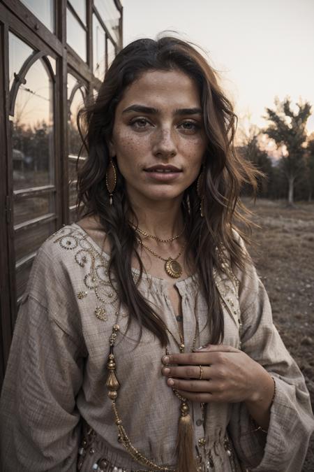 emotional photo of dancing  gypsy emotional   woman Deidre in rugged ornamental clothes, gypsy ornate headband, dark suntanned skin, long messy hair, native ethnic gold necklace, face, perfect teeth, holding red apple, 8k uhd, high quality,  film grain, looking at viewer, portrait, (skin pores:1.2), (moles:0.8), (imperfect skin:1.1), intricate details, goosebumps, flawless face, ((photorealistic):1.1), (raw, 8k:1.2), hyper realistic, HDR, cinematic, dark, muted colors, atmosphere, ((macro lens)), after dusk, outdoors
<lora:entropy-alpha:0.19>